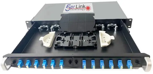 Main image of 24 Strand 1U Fiber Optic Cable Rack Mount Enclosure with 12 LC Duplex Couplers for 19" Racks | Includes Splice Tray and Fusion Splice Sleeves 60mm Long | Fiber Optic Box (LC OS1 with Pigtails)