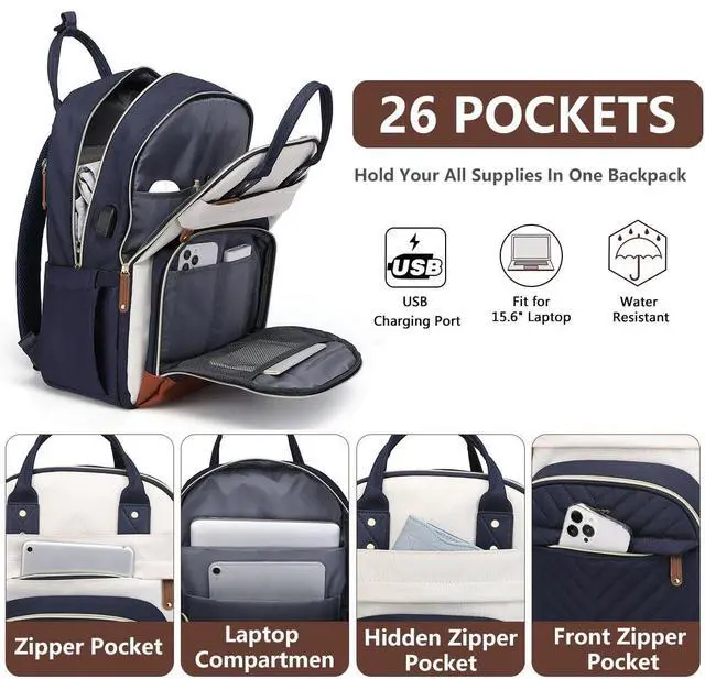Alt view image 2 of 5 - Laptop Backpack for Women, Fits 15.6 Inch Laptop Bag, Fashion Travel Work Backpack Anti-theft Bag with USB Charging, Business Computer Waterproof Backpack Purse, Beige Blue Brown