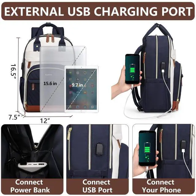 Alt view image 4 of 5 - Laptop Backpack for Women, Fits 15.6 Inch Laptop Bag, Fashion Travel Work Backpack Anti-theft Bag with USB Charging, Business Computer Waterproof Backpack Purse, Beige Blue Brown