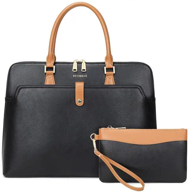 Main image of Black Handmade Vegan Leather 16 inch Laptop Work Bags for Women Men 2025, Large 19L Purse Office Briefcase Professional Computer Tote Bag with Wristlet Wallet, Waterproof Luxury Shoulder Bag