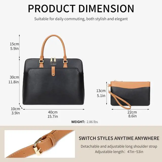 Alt view image 3 of 5 - Black Handmade Vegan Leather 16 inch Laptop Work Bags for Women Men 2025, Large 19L Purse Office Briefcase Professional Computer Tote Bag with Wristlet Wallet, Waterproof Luxury Shoulder Bag