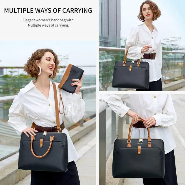 Alt view image 2 of 5 - Black Handmade Vegan Leather 16 inch Laptop Work Bags for Women Men 2025, Large 19L Purse Office Briefcase Professional Computer Tote Bag with Wristlet Wallet, Waterproof Luxury Shoulder Bag