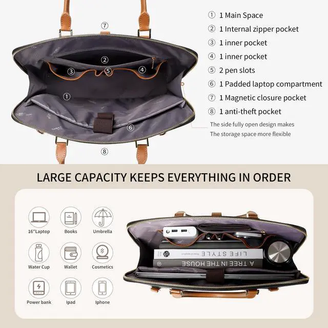 Alt view image 4 of 5 - Black Handmade Vegan Leather 16 inch Laptop Work Bags for Women Men 2025, Large 19L Purse Office Briefcase Professional Computer Tote Bag with Wristlet Wallet, Waterproof Luxury Shoulder Bag