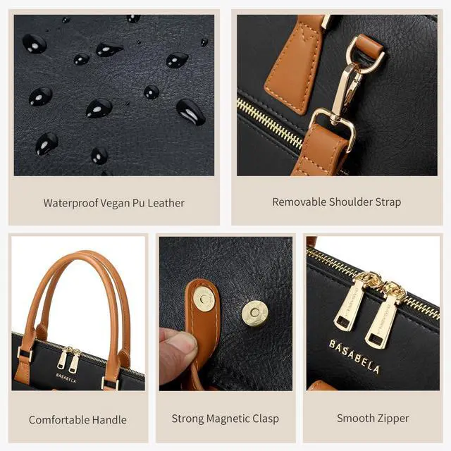 Alt view image 5 of 5 - Black Handmade Vegan Leather 16 inch Laptop Work Bags for Women Men 2025, Large 19L Purse Office Briefcase Professional Computer Tote Bag with Wristlet Wallet, Waterproof Luxury Shoulder Bag