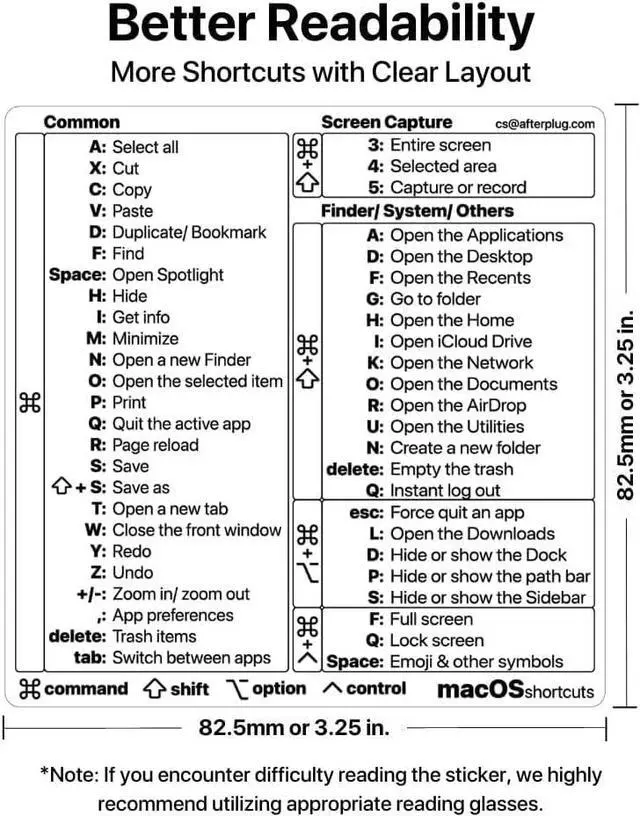 Alt view image 3 of 5 - Afterplug Mac OS Keyboard Shortcuts Sticker, 50+ Shortcuts for 13-16 inch MacBook Pro & Air (Sky Blue, Space Gray, Silver & Starlight Only), Residue-Free Vinyl, Clear with Black Text, 100-Pack