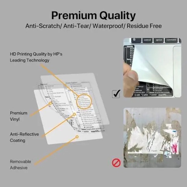 Alt view image 4 of 5 - Afterplug Mac OS Keyboard Shortcuts Sticker, 50+ Shortcuts for 13-16 inch MacBook Pro & Air (Sky Blue, Space Gray, Silver & Starlight Only), Residue-Free Vinyl, Clear with Black Text, 100-Pack