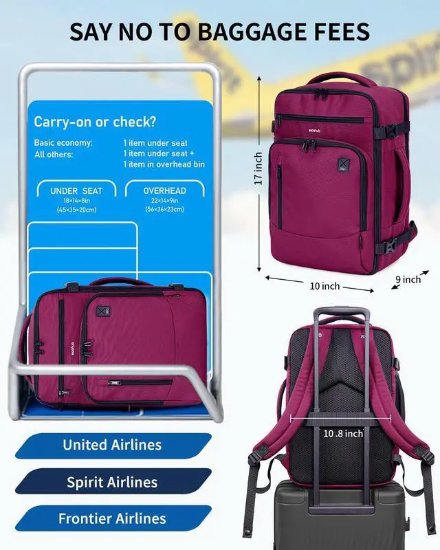 Alt view image 2 of 5 - ECOHUB 17" Small Travel Backpack, United Airlines Personal Item Bag 17x10x9 with 16 Pockets, Water Resistant Rucksacks Fit 15.6" Laptop, AirTag Pocket, Lightweight Casual Daypack, 25L, Red