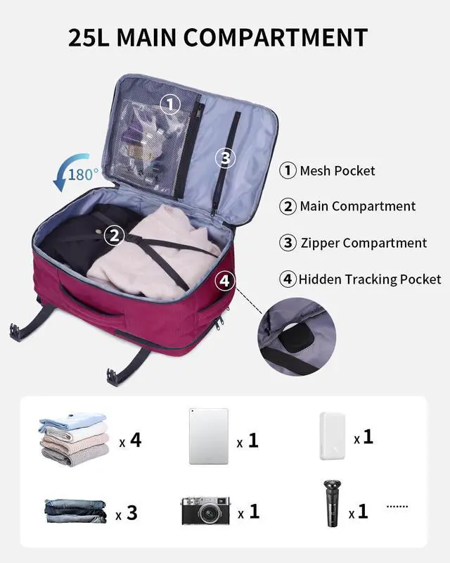 Alt view image 3 of 5 - ECOHUB 17" Small Travel Backpack, United Airlines Personal Item Bag 17x10x9 with 16 Pockets, Water Resistant Rucksacks Fit 15.6" Laptop, AirTag Pocket, Lightweight Casual Daypack, 25L, Red