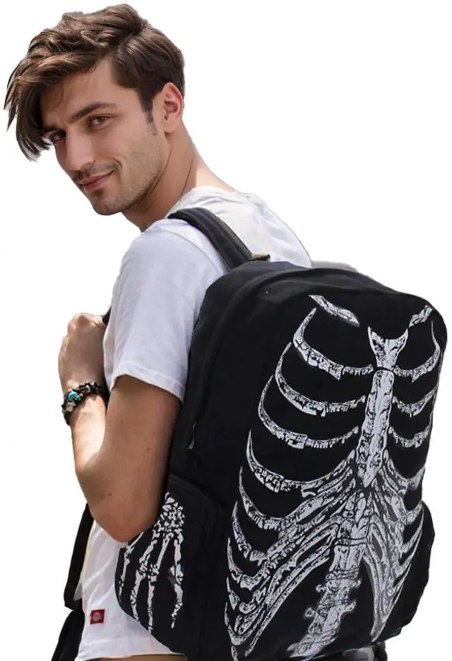 Alt view image 3 of 5 - BEOSOFLOY Punk Skull Black Vintage Backpack Gothic Ribcage Skeleton Laptop Bag EMO Backpack for Men and Women