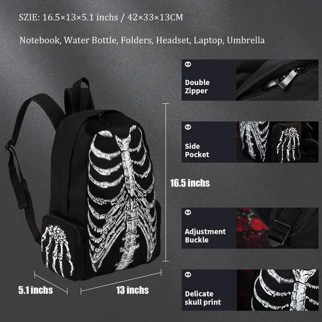 Alt view image 4 of 5 - BEOSOFLOY Punk Skull Black Vintage Backpack Gothic Ribcage Skeleton Laptop Bag EMO Backpack for Men and Women