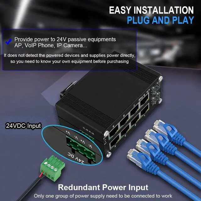 Alt view image 3 of 5 - Industrial Passive 24V 8 Ports PoE Switch with 2 SFP Slot, 10/100/1000Mbps Gigabit PoE Switch Supporting Din Rail, 24V Input 24V Output Passive Switch