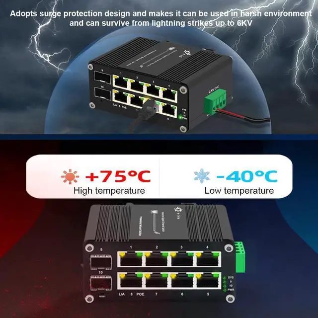 Alt view image 5 of 5 - Industrial Passive 24V 8 Ports PoE Switch with 2 SFP Slot, 10/100/1000Mbps Gigabit PoE Switch Supporting Din Rail, 24V Input 24V Output Passive Switch