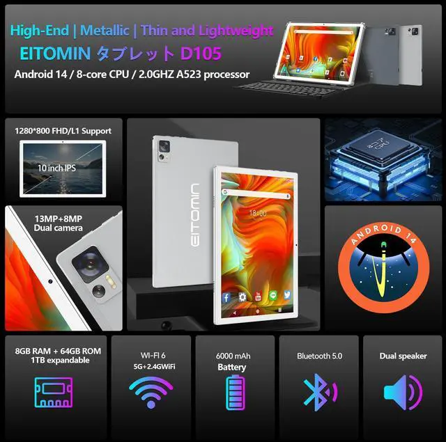 Alt view image 2 of 5 - EITOMIN Tablet with Keyboard Android 14 Tablet 10 inch 2025 Latest 8GB RAM 64GB ROM 1TB Expand WiFi 6 Octa-Core 7000mAh Battery BT5.0 13MP+8MP Camera 2in1Tablet with Case,Mouse,Stylus-Silver