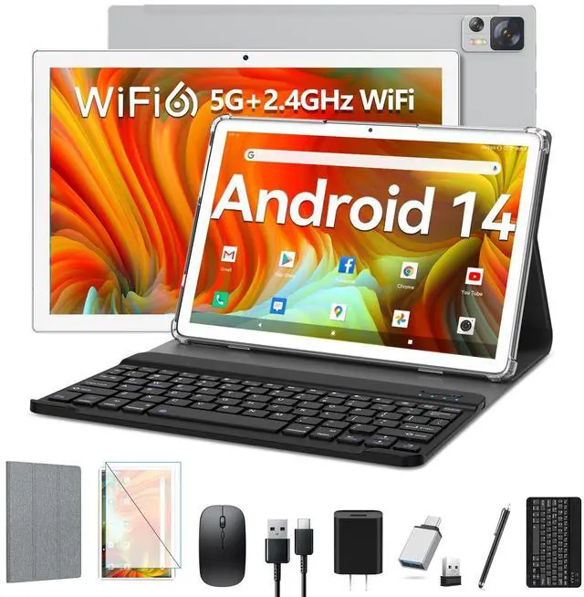 Main image of EITOMIN Tablet with Keyboard Android 14 Tablet 10 inch 2025 Latest 8GB RAM 64GB ROM 1TB Expand WiFi 6 Octa-Core 7000mAh Battery BT5.0 13MP+8MP Camera 2in1Tablet with Case,Mouse,Stylus-Silver