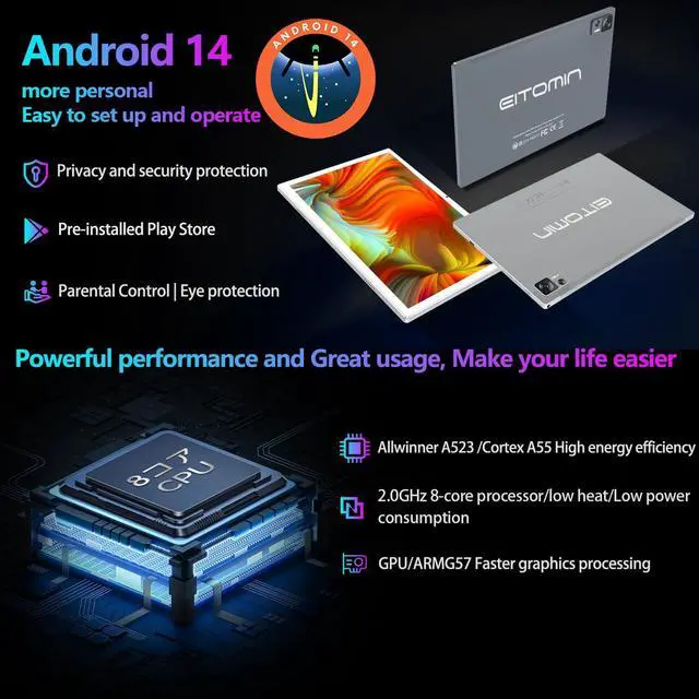 Alt view image 3 of 5 - EITOMIN Tablet with Keyboard Android 14 Tablet 10 inch 2025 Latest 8GB RAM 64GB ROM 1TB Expand WiFi 6 Octa-Core 7000mAh Battery BT5.0 13MP+8MP Camera 2in1Tablet with Case,Mouse,Stylus-Silver