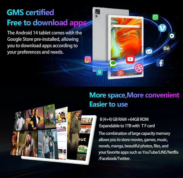Alt view image 4 of 5 - EITOMIN Tablet with Keyboard Android 14 Tablet 10 inch 2025 Latest 8GB RAM 64GB ROM 1TB Expand WiFi 6 Octa-Core 7000mAh Battery BT5.0 13MP+8MP Camera 2in1Tablet with Case,Mouse,Stylus-Silver