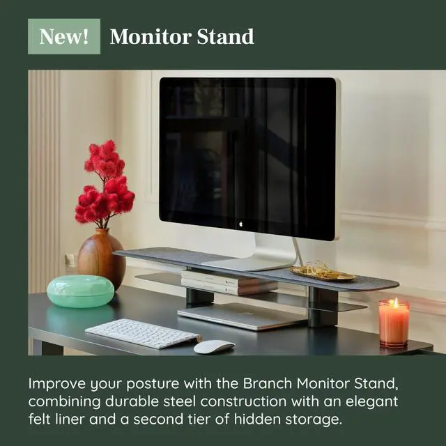 Alt view image 2 of 5 - Branch Monitor Stand - Elegant, Durable Powder-Coated Steel Stand with Soft Felt Liner - Small Monitor Riser Second Tier Storage - Installs with a Universal Clamp for Ergonomic Workspace - Charcoal