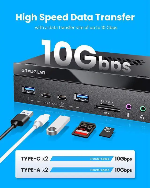 Alt view image 2 of 5 - GRAUGEAR 5.25 Inch 10Gbps USB 3.2 PC Front Panel Card Reader with Audio Ports, SD/microSD Internal Card Reader, USB3.2 Type-E Key-A 20-Pin Header & USB3.0 Header & 15-Pin SATA Power Connector Required