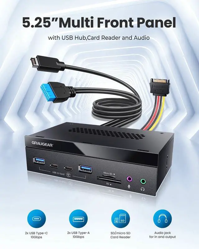Alt view image 4 of 5 - GRAUGEAR 5.25 Inch 10Gbps USB 3.2 PC Front Panel Card Reader with Audio Ports, SD/microSD Internal Card Reader, USB3.2 Type-E Key-A 20-Pin Header & USB3.0 Header & 15-Pin SATA Power Connector Required