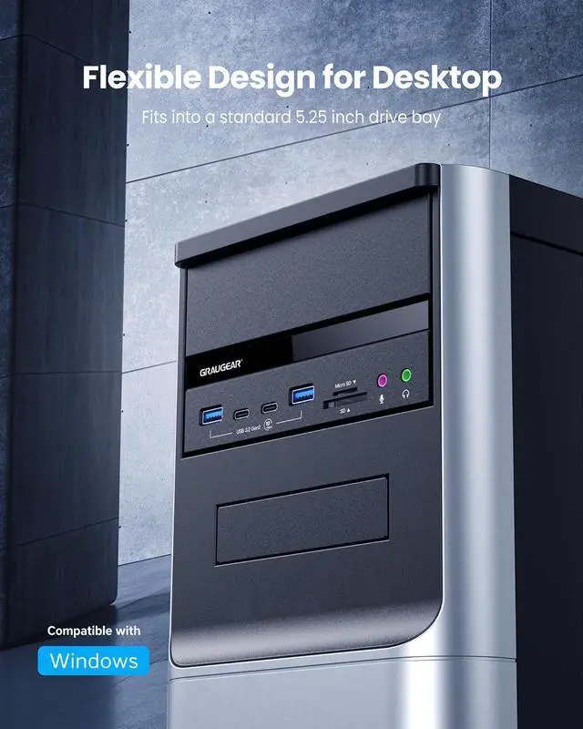 Alt view image 3 of 5 - GRAUGEAR 5.25 Inch 10Gbps USB 3.2 PC Front Panel Card Reader with Audio Ports, SD/microSD Internal Card Reader, USB3.2 Type-E Key-A 20-Pin Header & USB3.0 Header & 15-Pin SATA Power Connector Required