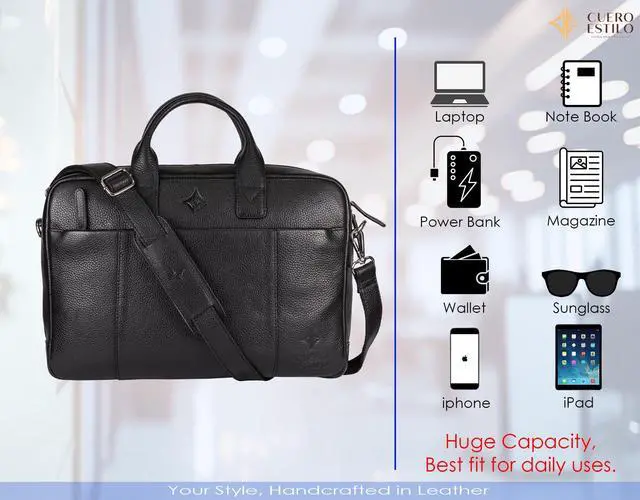 Alt view image 4 of 5 - Cuero Estilo Leather Laptop Bag - Handcrafted Floater Leather, Multipurpose Business, Office & Travel Bag with Laptop Sleeve & Trolley Strap - Durable, Lightweight.