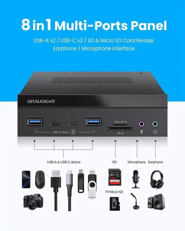 Alt view image 5 of 5 - GRAUGEAR 5.25 Inch 10Gbps USB 3.2 PC Front Panel Card Reader with Audio Ports, SD/microSD Internal Card Reader, USB3.2 Type-E Key-A 20-Pin Header & USB3.0 Header & 15-Pin SATA Power Connector Required