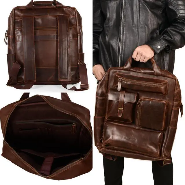 Alt view image 4 of 5 - Handmade Genuine Leather Backpack for Men, Brown Vintage Laptop Bag, Work & Travel Rucksack Backpack Unisex