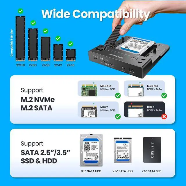 Alt view image 4 of 5 - GRAUGEAR SATA SSD/HDD to M.2 NVMe Docking Station, USB-C 10Gbps Clone Station for M.2 NVMe SSD to SATA 2.5/3.5 SSD & HDD Converter, Offline Cloning, Tool-Free, Built-in Cooling Fan