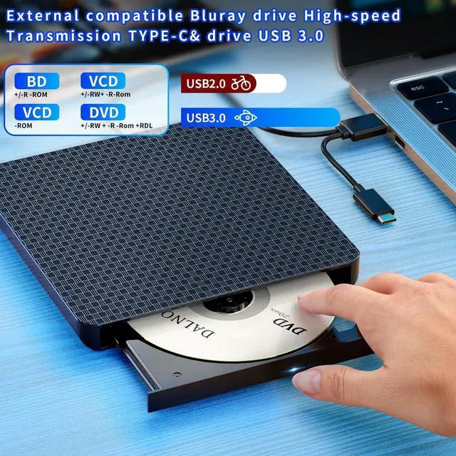Alt view image 2 of 5 - External Compatible with Bluray Player Read and Write Portable Burner Compatible with USB 3.0 and Type-C Port/Win 7-11/MAC OS Compatible for Reading BD/DVD/CD Comes withone-Year Warranty