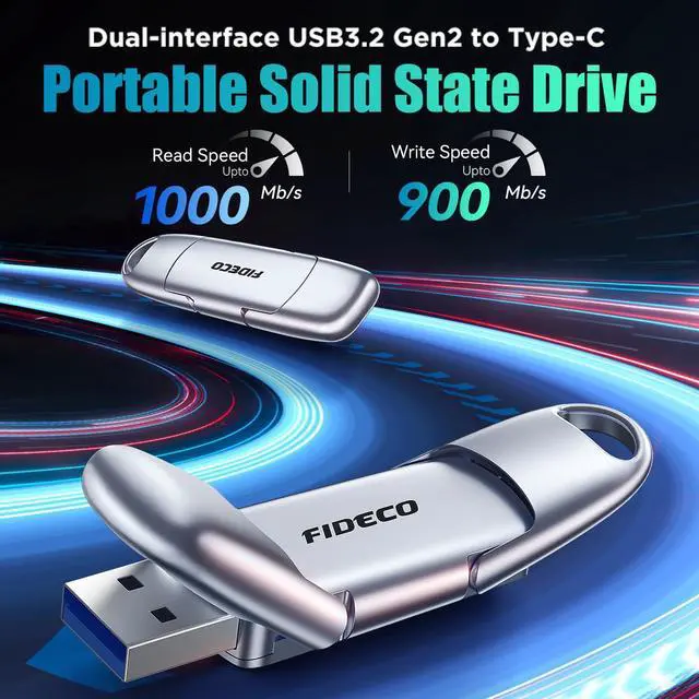 Alt view image 2 of 5 - FIDECO 1TB External Solid State Drive, USB 3.2 Gen 2 Portable SSD, up to 1000MB/s, External SSD for iPhone 16/15 with USB-A and USB-C Ports, Zinc Alloy Design