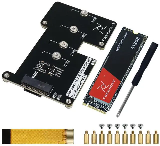 Main image of Freenove M.2 NVMe Adapter V2 for Raspberry Pi 5 (with 512GB SSD), M.2 HAT Add-on Board, Solid State Drive, PCIe 2.0/3.0, Tested Speed 800 MB/s