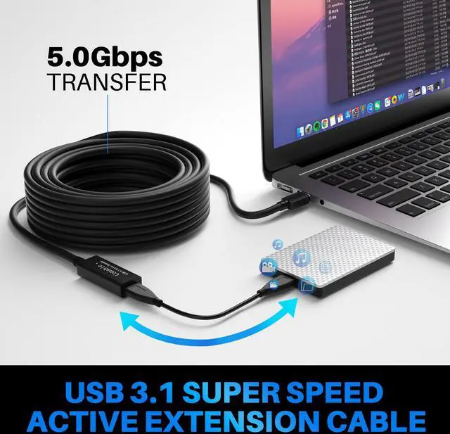 Alt view image 4 of 5 - USB C to USB A Extension Cable 50 Feet, Long USB Type C-Male to USB 3.0 A-Female OTG Extender Adapter, with 2 Chipsets Signal Booster, with an AC Power Adapter (5V 2A), (Not Charging/Video Cable)