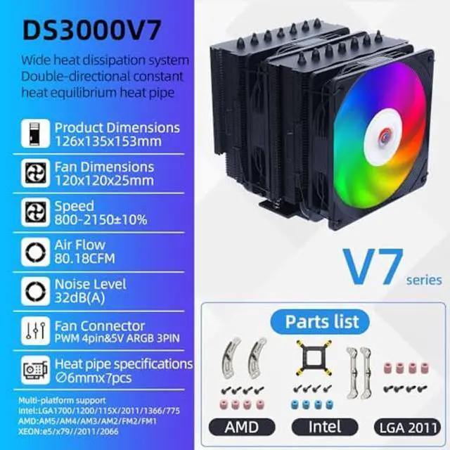 Alt view image 3 of 5 - COOL DESHENG ARGB Dual Tower CPU Cooler with 7x6mm Heat Pipes & Dual DS-A120x25 120mm PWM CPU Fans - Ultimate CPU Air Cooler for Intel LGA1700/1150/1200 & AMD AM4/AM5 CPU - Black/DS3000V7