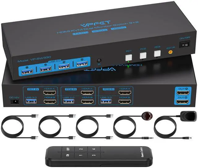 Main image of HDMI KVM Switch 2 Monitors 3 Computers EDID Simulation 4K@60Hz 3 Ports KVM Switches Dual Monitor for 3 PC Share 4 USB 3.0 Ports and 2 Screens with 3 USB Cables