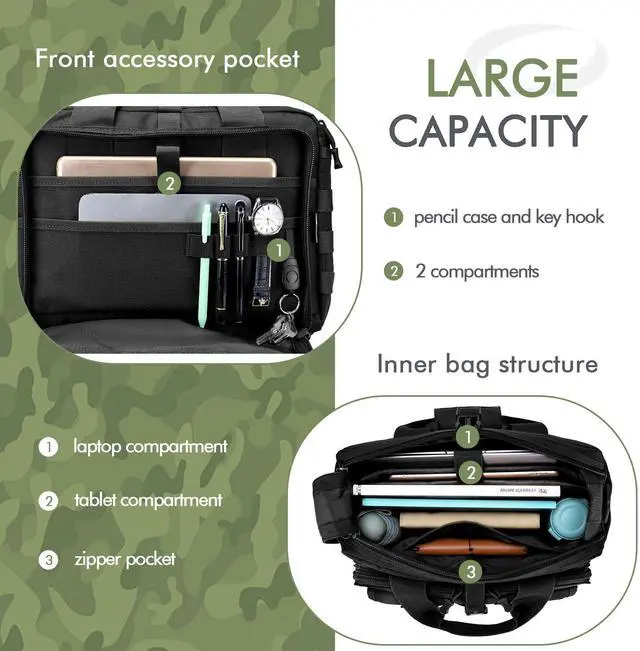 Alt view image 4 of 5 - BAGZY Tactical Laptop Bag for Men Multifunctional Tactical Briefcase, Men's Military Messenger Bag 14 Inch Kaqi