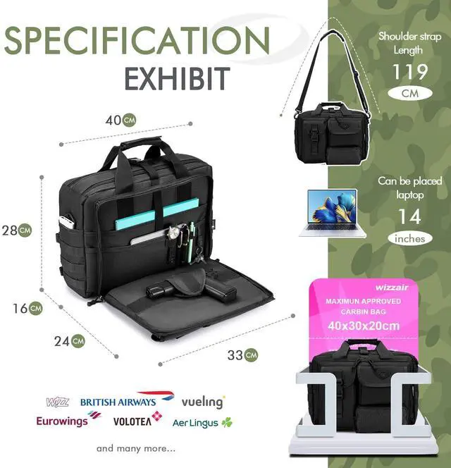 Alt view image 2 of 5 - BAGZY Tactical Laptop Bag for Men Multifunctional Tactical Briefcase, Men's Military Messenger Bag 14/15.6/17.3 Inch Black