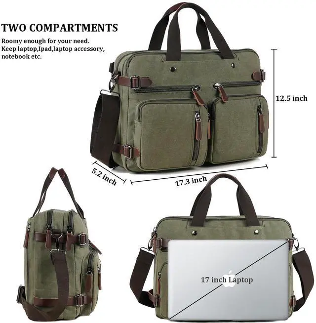 Alt view image 3 of 5 - CROCOD 3 in 1 Convertible Laptop Backpack, 17.3 inch Messenger Bag for Men, Work Briefcase Travel Computer Bag for Men Women (Green, 17.3 Inch)