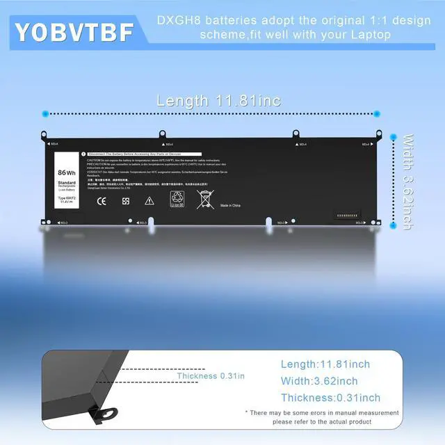 Alt view image 2 of 5 - 86Wh 69KF2 Battery Replacement for Dell XPS 15 9500 9510 9520 9530 Alienware M15 R3 R4 R5 R6 R7 M16 R1 M17 R3 R4 Precision 5550 5560 5570 Inspiron 7510 7610 7620 P87F P91F P45E p100f M59JH 8FCTC 70N2F