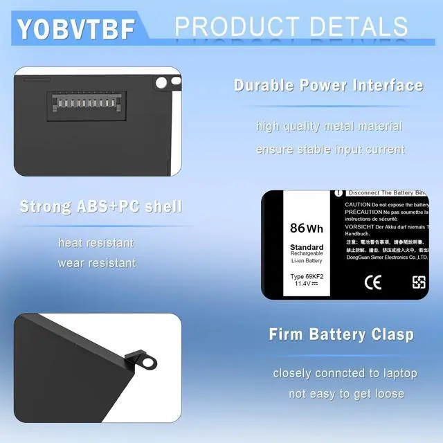 Alt view image 4 of 5 - 86Wh 69KF2 Battery Replacement for Dell XPS 15 9500 9510 9520 9530 Alienware M15 R3 R4 R5 R6 R7 M16 R1 M17 R3 R4 Precision 5550 5560 5570 Inspiron 7510 7610 7620 P87F P91F P45E p100f M59JH 8FCTC 70N2F