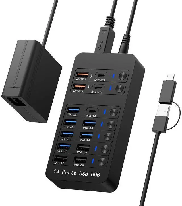Main image of Glomtheia 14-in-1 Powered USB Hub with 60W PD Charging, 6 USB 3.0 Ports, 4 Fast-Charging Ports, 1 USB-C 3.0 Data Port & LED Switches for Laptop, Phone, Tablet