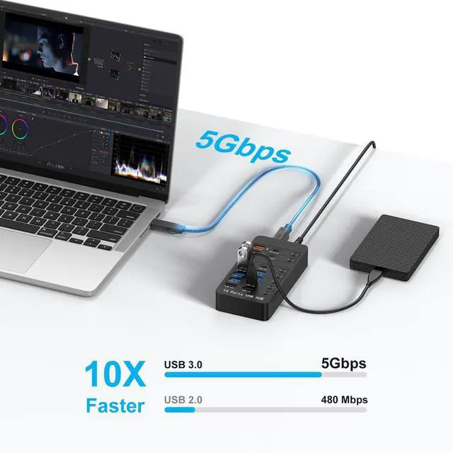 Alt view image 3 of 5 - Glomtheia 14-in-1 Powered USB Hub with 60W PD Charging, 6 USB 3.0 Ports, 4 Fast-Charging Ports, 1 USB-C 3.0 Data Port & LED Switches for Laptop, Phone, Tablet