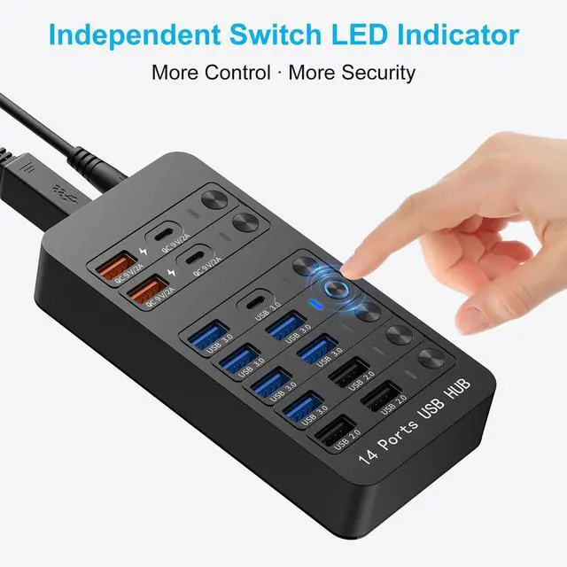 Alt view image 4 of 5 - Glomtheia 14-in-1 Powered USB Hub with 60W PD Charging, 6 USB 3.0 Ports, 4 Fast-Charging Ports, 1 USB-C 3.0 Data Port & LED Switches for Laptop, Phone, Tablet
