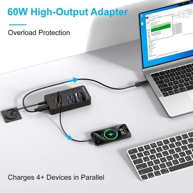 Alt view image 5 of 5 - Glomtheia 14-in-1 Powered USB Hub with 60W PD Charging, 6 USB 3.0 Ports, 4 Fast-Charging Ports, 1 USB-C 3.0 Data Port & LED Switches for Laptop, Phone, Tablet