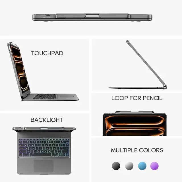 Alt view image 4 of 5 - edaiser Swivel Keyboard Case for Apple 2025 iPad Air 13-inch (M3-M2), iPad Pro 13 inch M4 2024, iPad Pro 12.9-inch (6th-3rd Gen); Rotatable Cover with Pencil Holder, Trackpad, Backlit, Space Gray