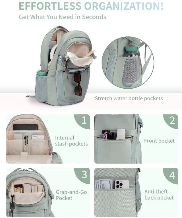 Alt view image 2 of 5 - ECOHUB Travel Backpack for Women, 17.3 inch Suspended Laptop Backpack, Fashion Water-Resistant College Computer Bookbag, 28L Personal Item Bag with 12 Pockets for Causal, Work, Green