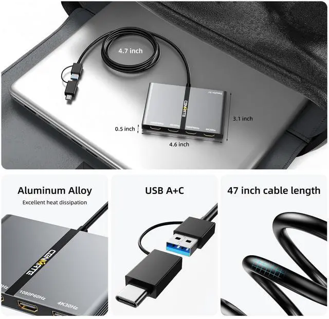 Alt view image 5 of 5 - CENMATE USB A/C 3.0 to 4xHDMI Adapter Support Mirror/Extend Mode Compatible with Mac/Win,5-in-1 USB C Docking Station(4K30Hz x2+1080P60Hz x2+Type C 3.0), 4 Monitor Docking Station with 4 HDMI