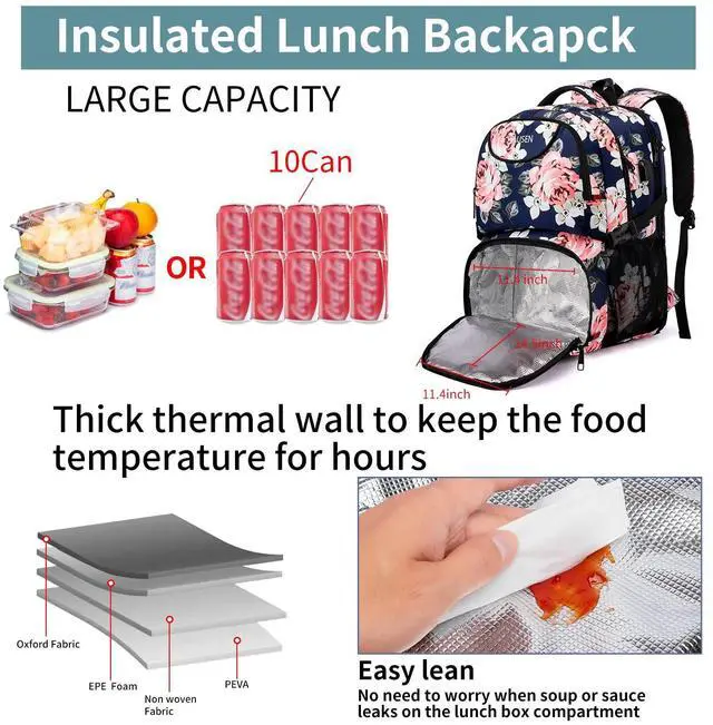 Alt view image 2 of 5 - HILUSEN Lunch Cooler Backpack for Women, Extra Large 17 inch Travel Laptop Backpack with USB Charging Port, Water Resistant