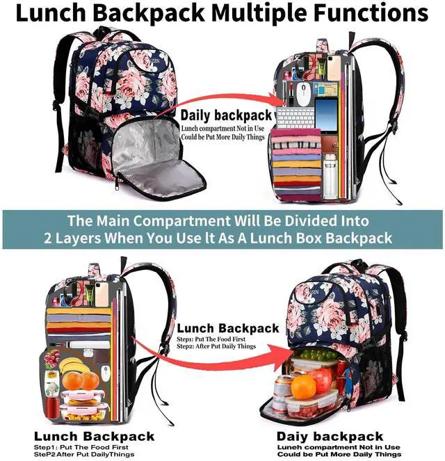 Alt view image 3 of 5 - HILUSEN Lunch Cooler Backpack for Women, Extra Large 17 inch Travel Laptop Backpack with USB Charging Port, Water Resistant