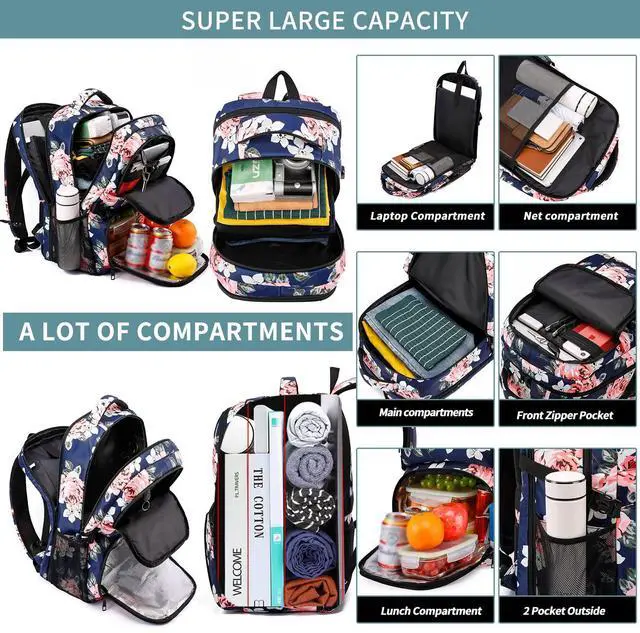 Alt view image 4 of 5 - HILUSEN Lunch Cooler Backpack for Women, Extra Large 17 inch Travel Laptop Backpack with USB Charging Port, Water Resistant