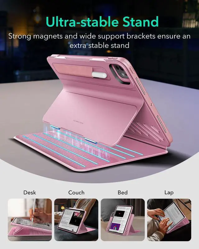 Alt view image 4 of 5 - ESR for iPad Pro 11 Inch Case 2024 5th Generation (M4), Rotating Case with Removable Magnetic Cover, Adjustable Portrait/Landscape Stand with Raised Screen View, 9 Standing Angles, Shift Series, Pink